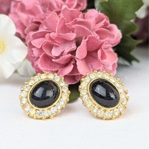 Round Black Gold Rhinestone Cabochon Oval Post Earrings Vintage 1970s Trifari